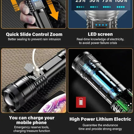 Rechargeable LED Flashlight Zoomable Torch with LCD Display 3 Modes Waterproof High Power Hand Light Outdoor Wilderness Camping