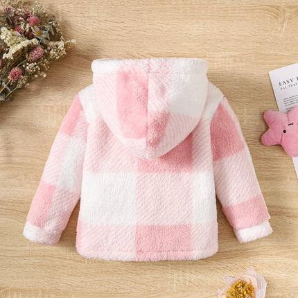Little Girl Long Sleeved Hooded Sweater Cute Pink Plaid Jacket Plush Plush Thickened Fashion Clothes for Children Girl 2-8 Years