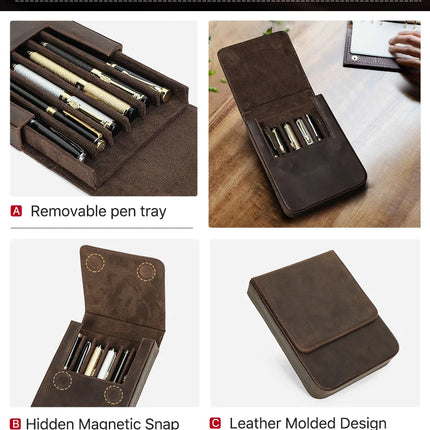 CONTACT'S FAMILY Handmade Fountain Pen Case Genuine Leather Holder Pencil Pouch Retro Pen Box Organizer School Office Men Women