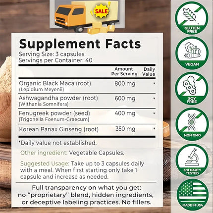 Original Black Maca Root, Ashwagandha, Panax Ginseng, Fenugreek Capsules, Male Enhancing Supplement Natural 4-in-1 Organic 18+