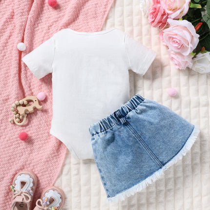 Summer Infant Girl's Sweet Two-Piece Set Leopard Strawberry Rabbit Print Short Sleeve Top with Frayed Denim Mini Skirt Outfit
