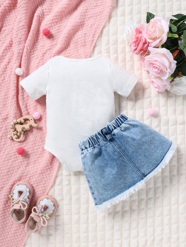 Summer Infant Girl's Sweet Two-Piece Set Leopard Strawberry Rabbit Print Short Sleeve Top with Frayed Denim Mini Skirt Outfit