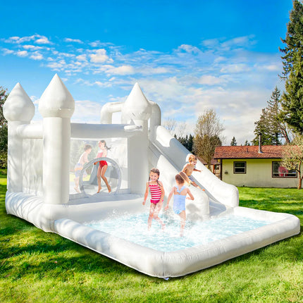 14FT  Spire‑Top Inflatable White bounce house with Slide, Large Ball Pit and Middle Play Zone, Durable and Portable for party
