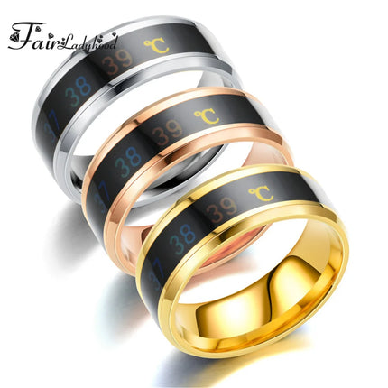 FairLadyHood Black Silver Color Gold Rose Blue Color Intelligent Thermometer Temperature Men Women 316L Stainless Steel Couple