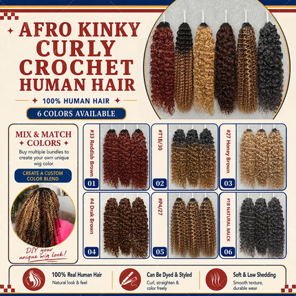 Kinky Curly Crochet Human Hair for Braids #33 Reddish Brown Colored Bulk Human Hair Pixie Curly Miracle Knots Feather Bulk Hair