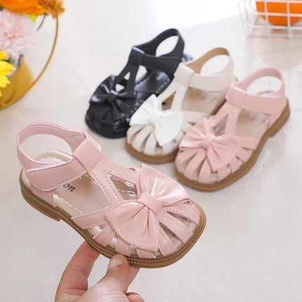 Cute Girls Sandals Bow Peep-toe 2025 New Soft Hook & Loop Beige Kids Princess Shoes Casual Sandals Cute Children Shoes Non-slip