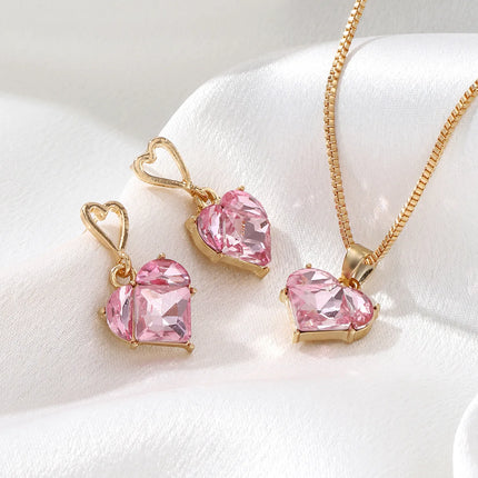 Y2K Heart Jewelry Set 3pcs Pink Crystal Zircon Pendant Earrings Necklace for Women Elegant Gift
