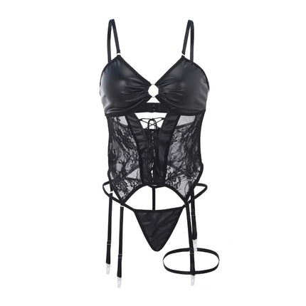 Patent Leather Lingerie Set Women Lace Patchwork Bodysuit + Thong Sexy Garter Belt Set Porno Sexy Women Faux Leather G-String