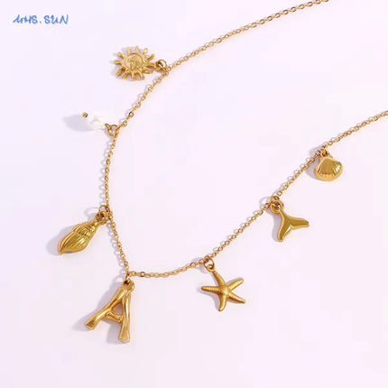MHS.SUN Starfish Shell Initial Necklace Waterproof 18K Gold Plated Stainless Steel Charm Necklaces Surfer Girl Summer Beach Gift