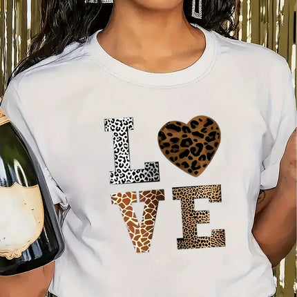 Fashion White "Love" Leopard Heart Pattern T-shirt-Casual round Neck Short Sleeves Casual T-shirt Leopard Heart Pattern