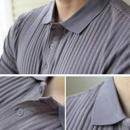 Vertical Stripe Knit Polo Men's Shirts Summer New Slim Solid Color Breathable Turn-Down Collar Business Short Sleeve Polo Tops