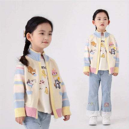 Children's Knitted Cardigan Zipper Jacket Cartoon Style Embroidered Jacket Girls Spring and Autumn New Sweater Spring Versatile