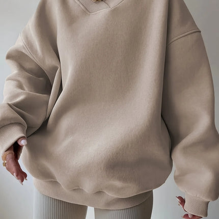 Cozy Women's Solid Color Pullover Sweatshirt, Long Sleeve V Neck Casual Wear for Fall & Winter Seasons