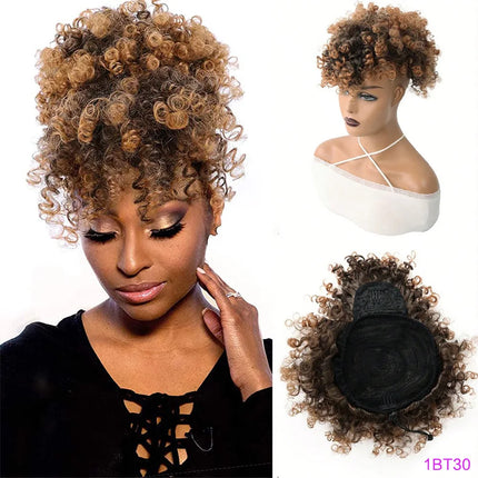 Afro Puff Drawstring Ponytail with Bangs Pineapple Updo Hair for Black Women, Short Kinky Curly Synthetic Ponytail Bun
