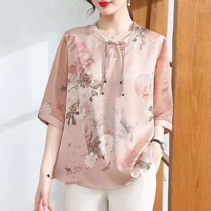 Women Button Summer Short Sleeved Silk Blouse Women's Elegant Loose Top Floral Retro Print New T-Shirt Plus Size Shirt Tops