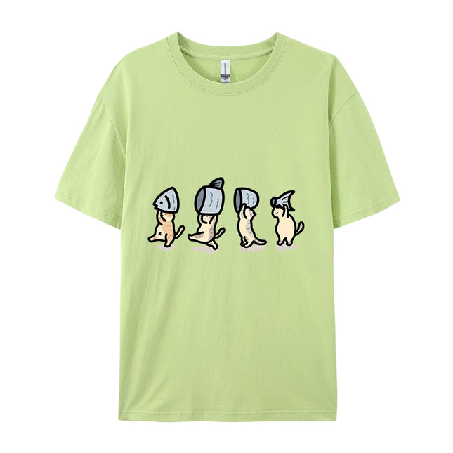 Four Little Cats Holding Fishcotton Women T-Shirts Cartoons Prints T Shirts Soft O-Neck Loose Short Sleeve Tops Summer Clothes
