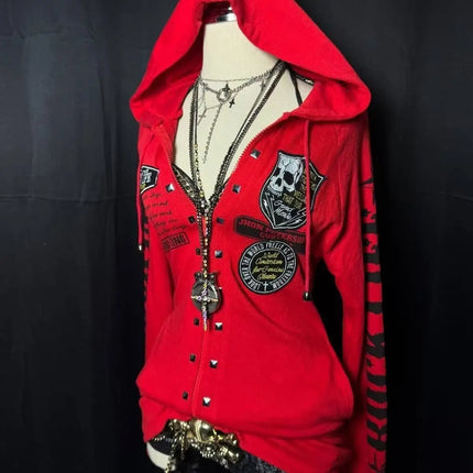Winter Coat Y2k Hoodies Print Gothic Hooded Zip-Up 2000s Streetwear High Street Hooded Sweatshirt Hip Hop Fashion Punk Harajuku