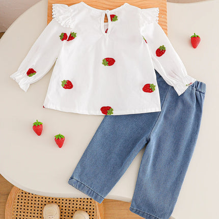Girls Spring Autumn Strawberry Embroidery Ruffle Long Sleeve + Denim Long Pants Two-Piece Set Baby Outfit