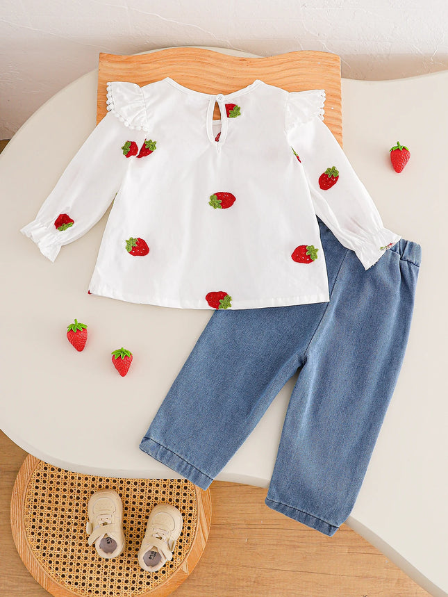 Girls Spring Autumn Strawberry Embroidery Ruffle Long Sleeve + Denim Long Pants Two-Piece Set Baby Outfit