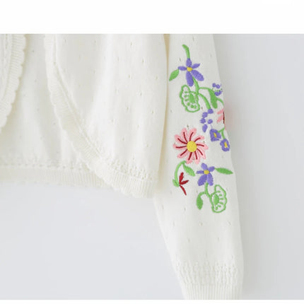 1-11yrs White Children Girls Cardigan Sweater Embroidery 100% Cotton Girls Jaket Coat 2 3 4 6 8 Years Old Kids Clothes RKC185005