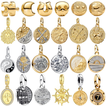 Coin Pendant Charms 925 Silver Vintage Round Seal Metal Golden Skull Compass Medal Beads Bracelets Necklaces Parts Fine Jewelry