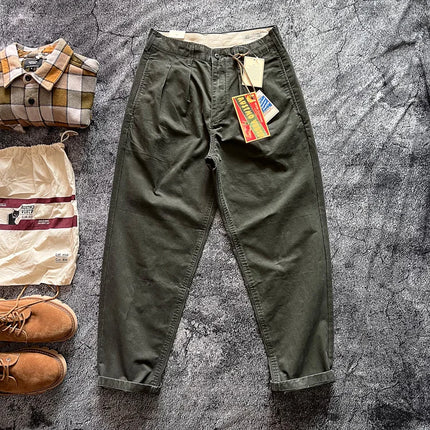 Amekaji Heavyweight Pure Cotton Twill Reinforced Work Pants Loose Tapered Straight-leg Basic Solid Color Casual Trousers for Men