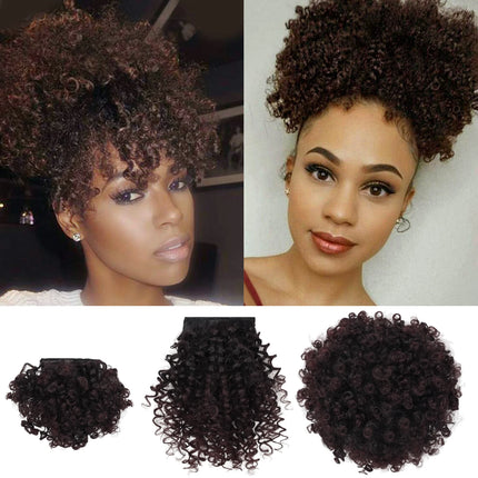 Synthetic Afro Puff Drawstring Ponytail with Short Kinky Curly Bun with 2 Replaceable Bangs Pineapple Updo Hair for Black Women