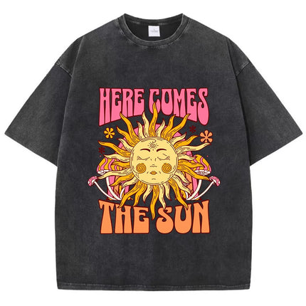 Oversize Women's Washed T-Shirt Cotton Here Comes The Sun Prints T Shirts Casual O-Neck Short Sleeve Tops Loose Women's Clothes