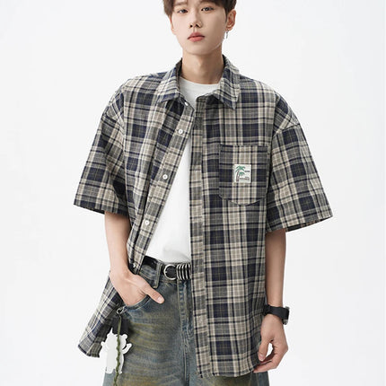 Summer High Street Fashion Plaid Short Sleeve Shirts Men's Pocket Appliques Baggy T Shirt 2026 New Y2K Vintage Luxury Blouse