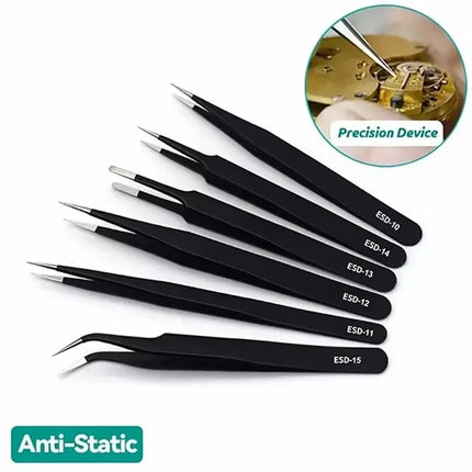 6-piece precision long tweezers ESD anti-static stainless steel tweezers electronic repair welding tools nail art brick clamp