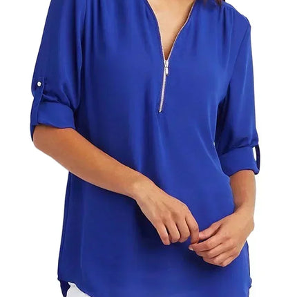 Summer Women Cool Loose Shirt Deep V Neck Chiffon Blouse Casual Ladies Tops Sexy Zipper Pullover Plus Size Long Sleeve Fashion