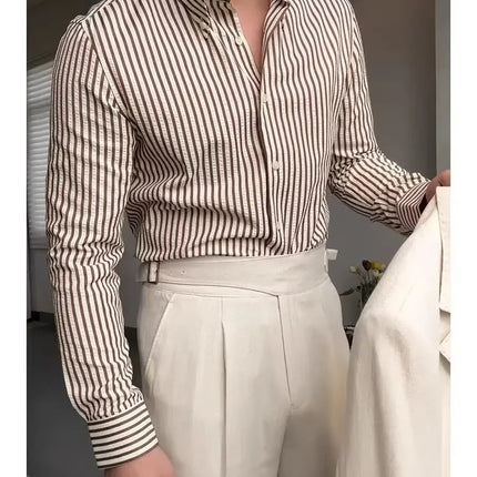 2025 Bubble Shirt Stripe Long Sleeve Men's Business Casual Neck Button Pointed Collar Autumn Fashion Versatile Shirt