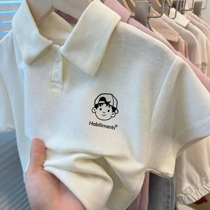 Unisex Children's Summer Polo Shirt Short Sleeve Loose Fit Collared T-Shirt Cartoon Print Versatile Kids' Fashion Basic Tee