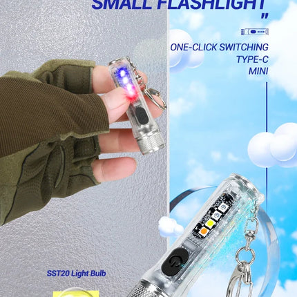 Mini Keychain Flashlight USB Rechargeable Powerful Flashlight Outdoor Camping COB Emergency Red and Blue Torch Tail Magnet Light