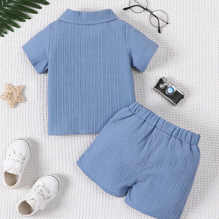 2-piece baby boy fashion casual woven jacquard fabric short sleeved shirt top and shorts set