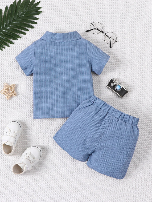 2-piece baby boy fashion casual woven jacquard fabric short-sleeved shirt top and shorts set