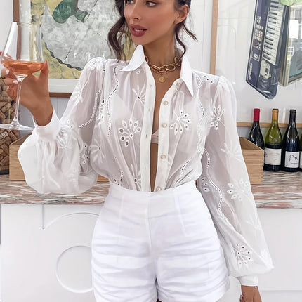 Plus Size White Summer Fashion Hot Sales Large Size Ladies Elegantly Embroidered Shirt With Hollow Pattern Women Top
