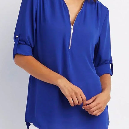 Summer Women Cool Loose Shirt Deep V Neck Chiffon Blouse Casual Ladies Tops Sexy Zipper Pullover Plus Size Long Sleeve Fashion