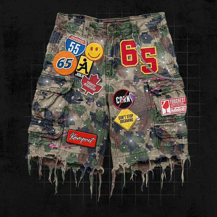 Retro Blue Patchwork Denim Short Y2k Jeans Men Women Hip Hop Streetwear Cartoon Graphics Loose Camo Denim Fitness Casual Shorts