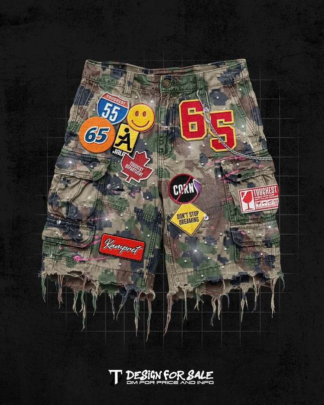 Retro Blue Patchwork Denim Short Y2k Jeans Men Women Hip Hop Streetwear Cartoon Graphics Loose Camo Denim Fitness Casual Shorts
