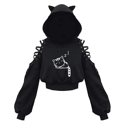 Women Autumn Teen Girls Crop Hoodie Long Sleeve Cold Shoulder Cute Cat Ear Pullovers Hooded Sweatshirt Tops Y2K E-Girls Clothes