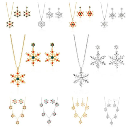 Luxury Zinc Alloy Christmas Jewelry Set Colorful Rhinestone Xmas Dangle Earrings Pendant Snowflake Necklace Women