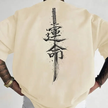 A men's short sleeved T-shirt made of pure cotton with a Japanese samurai sword pattern printed on it, regular style, fashionabl