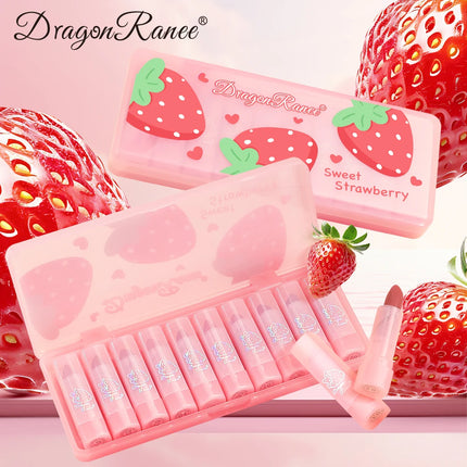 Dragon Ranee Matte Velvet Pink Strawberry Translucent 10 Pieces Lipstick Set Waterproof Sweatproof Non-Stick Lipstick Set