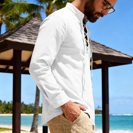 2026 New Men's Cotton Linen Shirt Long Sleeve Male Shirts Henley Button Strap Stand Collar Casual Shirt Spring Summer Vintage