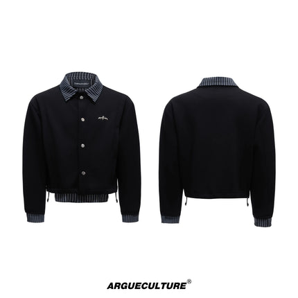 American Sle Slim Fit Striped irt Fake Two-Piece Patchwork Sweatirt Set Turn-down Collar Simple Thin Casual Jaet