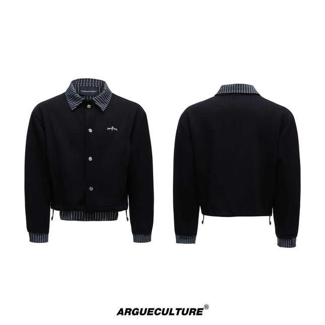 American Sle Slim Fit Striped irt Fake Two-Piece Patchwork Sweatirt Set Turn-down Collar Simple Thin Casual Jaet