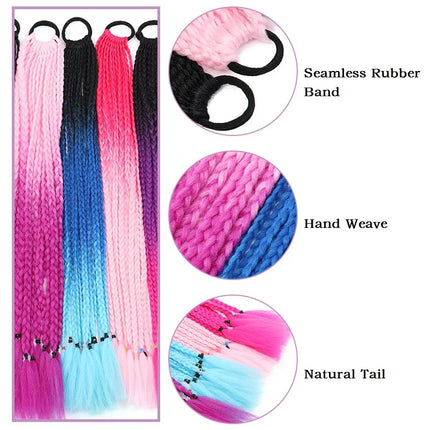 24Inch Synthetic Gradient  Colored Braided Ponytail Hair Extension Elastic Rubber Band Braiding Ponytail for Girl Women