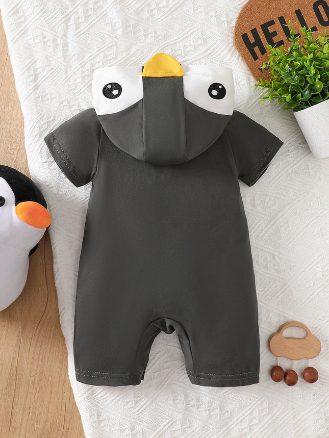 IURNXB Infant Cartoon Penguin Hooded Romper Short Sleeve Baby Boy Girl Onesie Cute Newborn Outfit Summer 1-18M