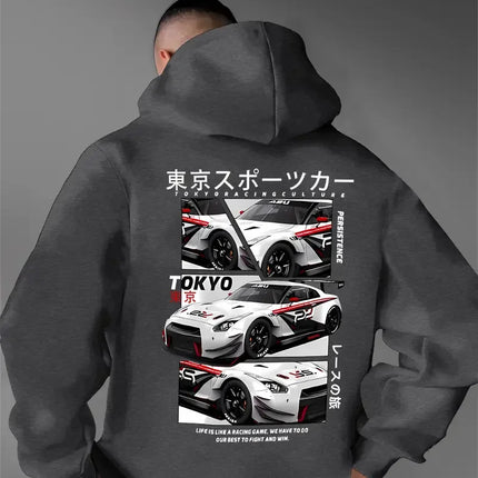 Men's new fashionable car printed casual street style hooded sweatshirt, sports shirt, warm and comfortable top